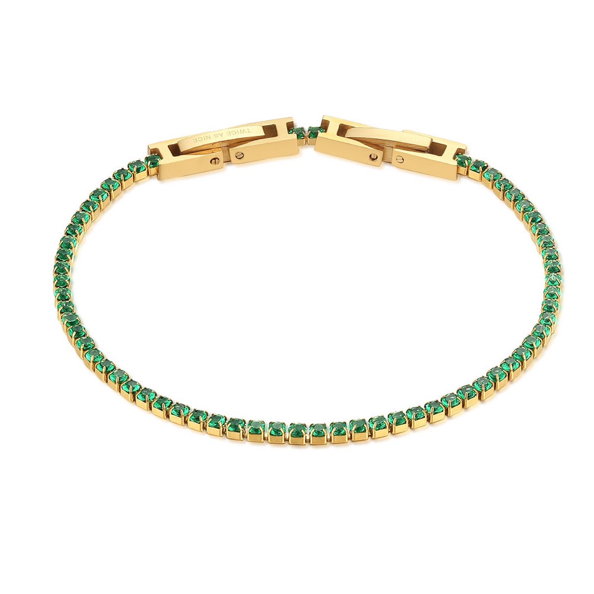 Twice As Nice Armband in goudkleurig edelstaal, tennis, groene zirkonia 15cm+3cm