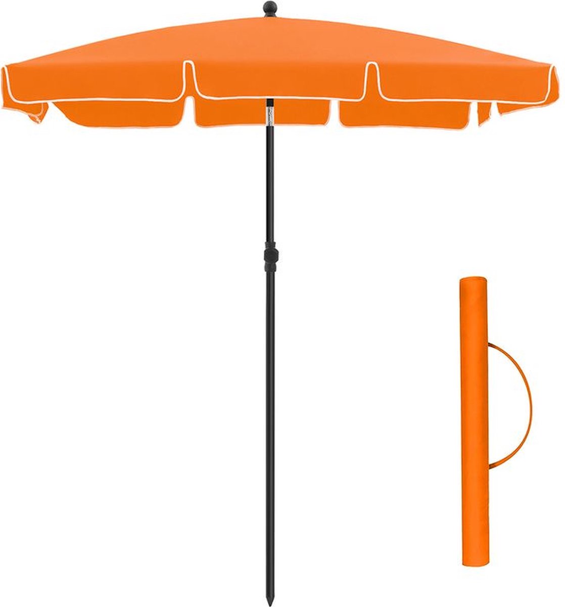 Opvouwbare oranje parasol met een afmeting van 2 x 1.25 m voor tuin- en marktgebruik.