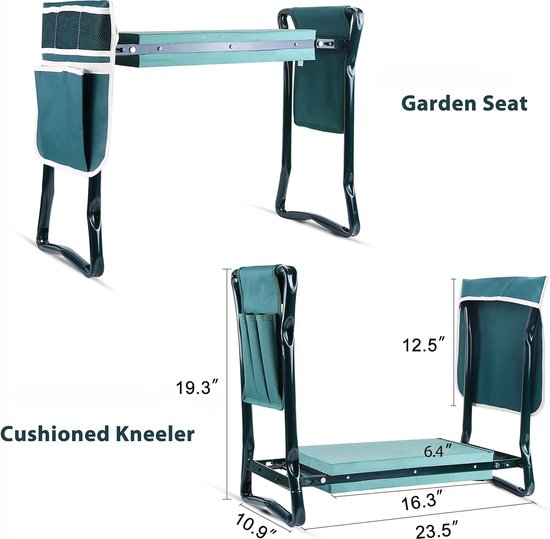 KOMFOTTEU Kniebank, opvouwbare tuinkruk met schuimmat en 2 gereedschapsvakken, tuinbank voor kniebescherming, 58 x 28 x 13/49 cm, voor tuinieren (met 2 grote gereedschapstassen