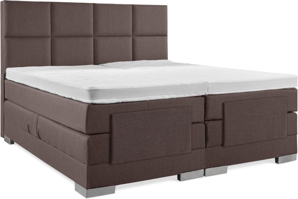 Elektrische Boxspring - 160x210 - Incl. 8 vlaks hoofdbord - Notenbruin met plint