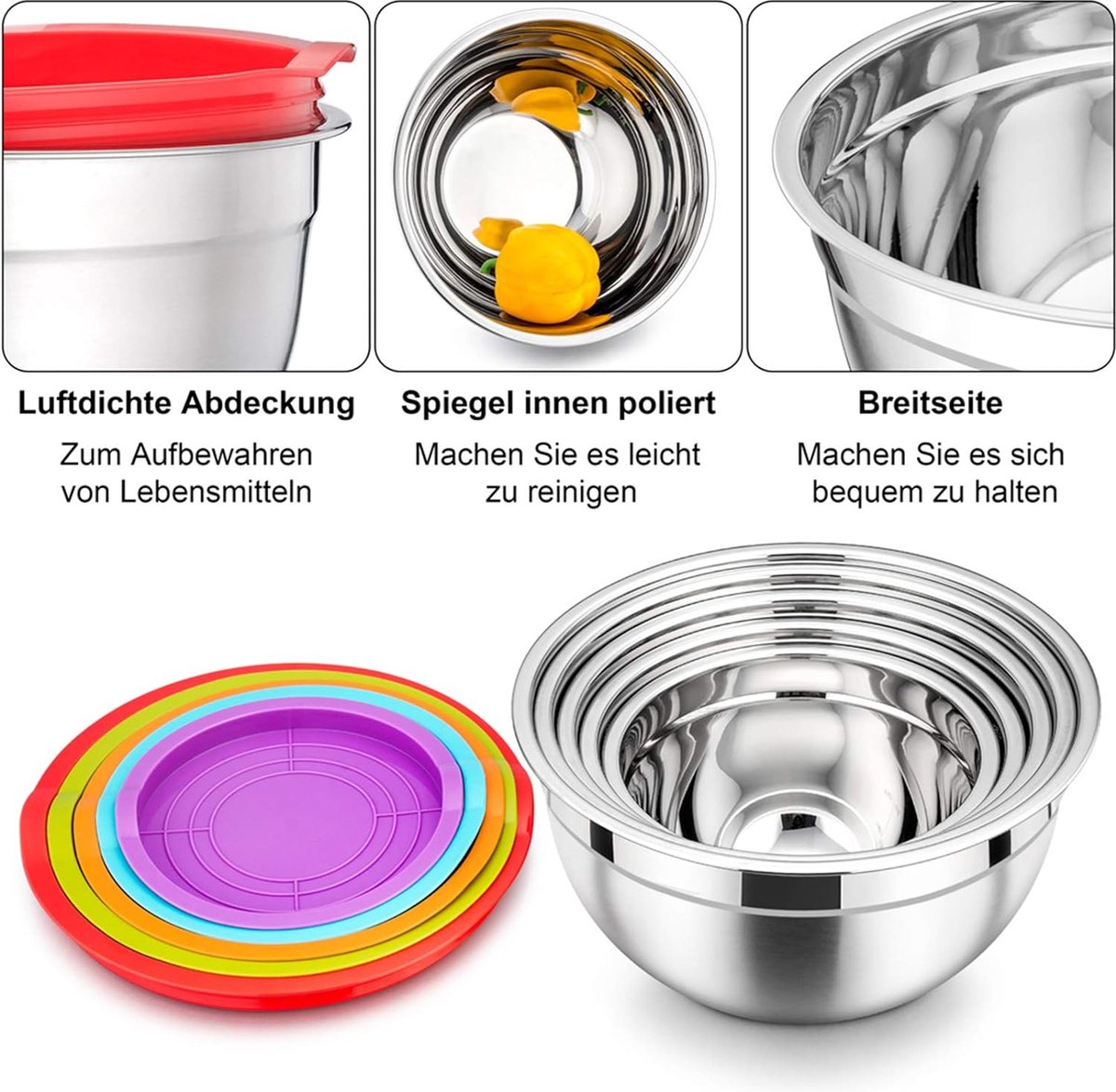 Lot de 5 Bol Inox,Bol Mélangeur avec Couvercle Hermétique,Saladier Inox  pour Cuisiner,280ml+450ml+730ml+1080ml+1580ml Bol Inox Cuisine Bowl de  Mélange,Saladier Avec Couvercle,Empilables Bol à Mélanger : :  Cuisine et Maison