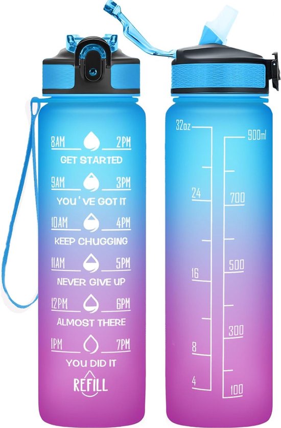 BOTC Waterfles - 1000ml - BPA vrij - Tritan - Waterfles met Rietje - Waterfles met tijdmarkering - Blauw/Roze