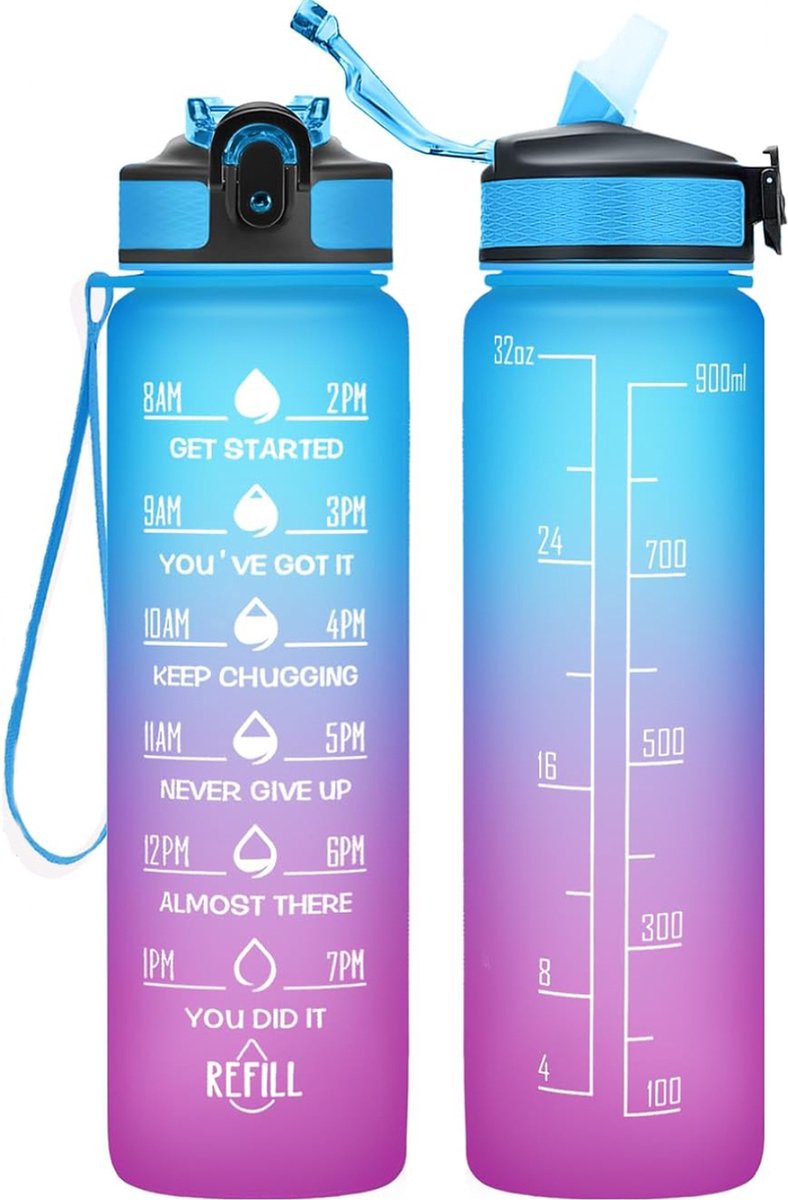 BOTC Waterfles - 1000ml - BPA vrij - Tritan - Waterfles met Rietje - Waterfles met tijdmarkering - Blauw/Roze