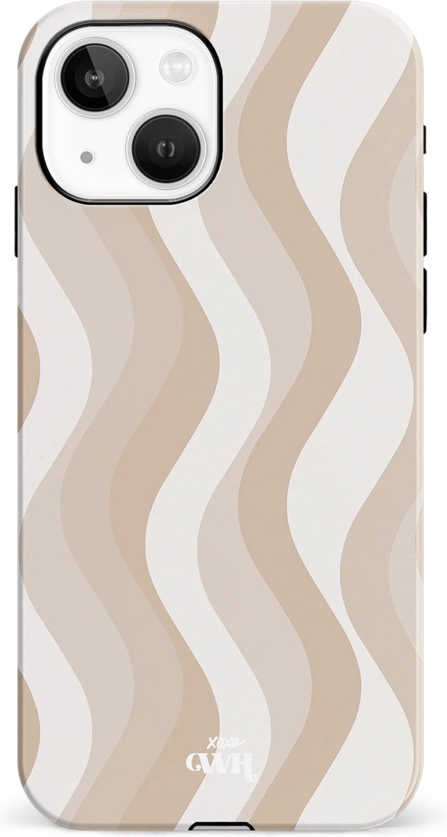 xoxo Wildhearts Minimal Nude - Double Layer - Hardcase geschikt voor iPhone 14 hoesje - Siliconen hoesje iPhone met golven print - Cover geschikt voor iPhone 14 beschermhoes - wit / beige / bruin