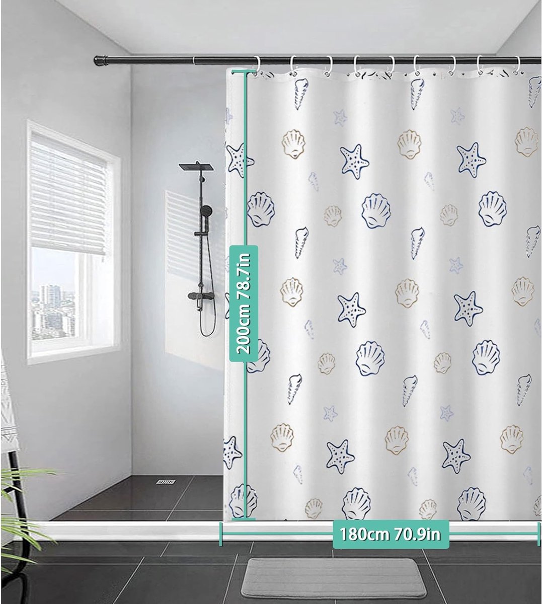 Rideaux de Douche 180x200 cm, Rideaux pour Baignoire avec Aimant de Poids  en Dessous, Rideau de Douche Transparent avec Motif de Galets 3D PEVA  Imperméable, avec 12 Anneaux de Rideau de Douche 