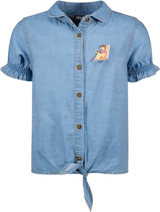 Meisjes blouse met knoop - Lt denim