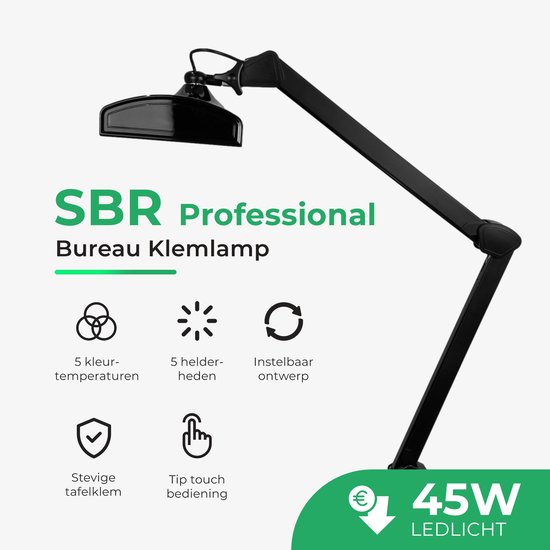 Zwarte SBR Professional bureaulamp met klemvoet, 5 kleurtemperaturen en tip touch bediening.
