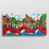 De rode brug 3 | Vrolijk Schilderij | 100x50cm | Dikte 4 cm | Canvas schilderijen woonkamer | Wanddecoratie | Schilderij op canvas | Kunst | Corrie Leushuis