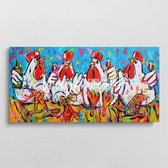 4 Proostende kippen | Vrolijk Schilderij | 120x60cm | Dikte 4 cm | Canvas schilderijen woonkamer | Wanddecoratie | Schilderij op canvas | Kunst | Corrie Leushuis