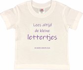 Shirt Aankondiging zwangerschap "Lees altijd de kleine lettertjes (ik word grote zus)" | korte mouw | Wit/paars | maat 110/116 zwangerschap aankondiging bekendmaking Baby big bro Sis Sister