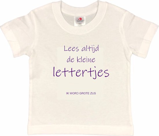 Shirt Aankondiging zwangerschap "Lees altijd de kleine lettertjes (ik word grote zus)" | korte mouw | Wit/paars | maat 110/116 zwangerschap aankondiging bekendmaking Baby big bro Sis Sister