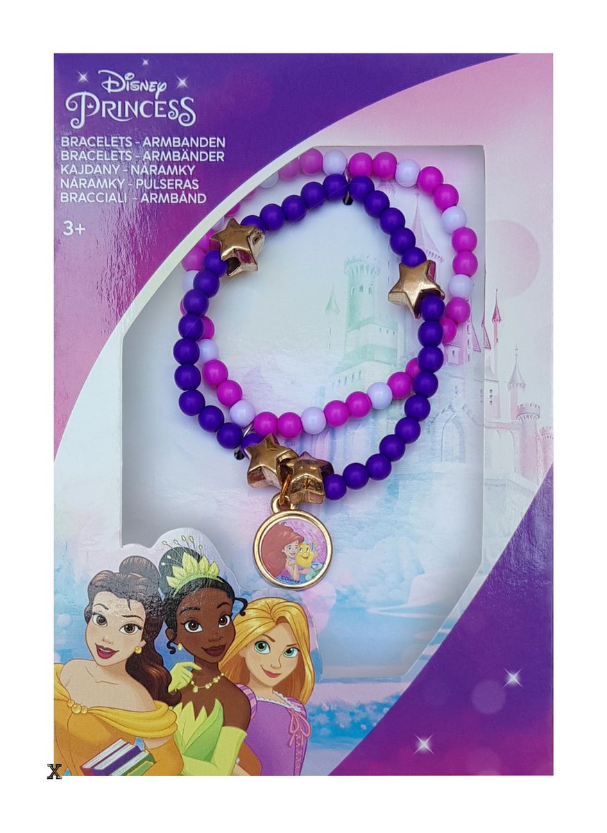 Disney Princess - Armbanden - 2 stuks - one size - Bedels - kralen - Ster - Paars - roze - Prinsessen - Ariël en botje - Verjaardag - sinterklaas - schoencadeau - kado