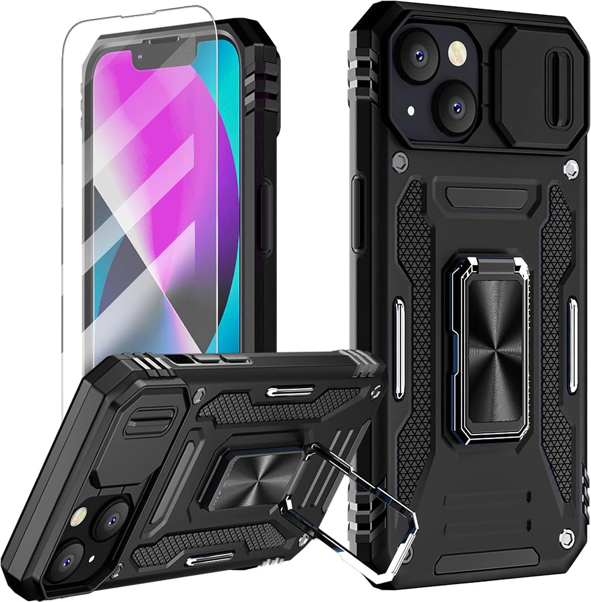 Podec Hoesje geschikt voor iPhone 13 Zwart Telefoonhoesje - Anti-Shock Case Cover Hybrid Armor Hoes met Kickstand Ring met Screenprotector