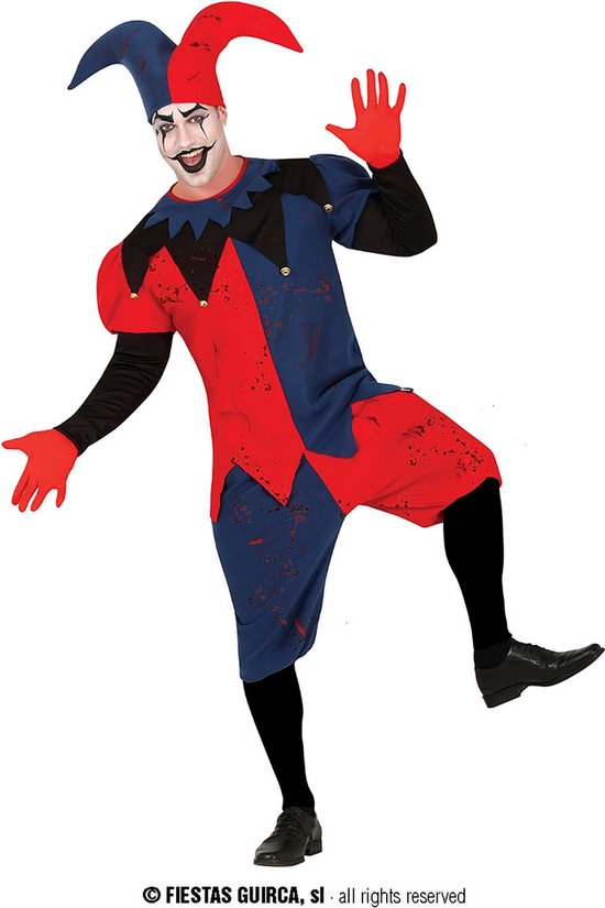 Guirca - Clown & Nar Kostuum - Narrige Grapjas - Man - Blauw, Rood - Maat 52-54 - Halloween - Verkleedkleding