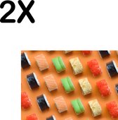 BWK Textiele Placemat - Verschillende Soorten Sushi op een Oranje Achtergrond - Set van 2 Placemats - 35x25 cm - Polyester Stof - Afneembaar