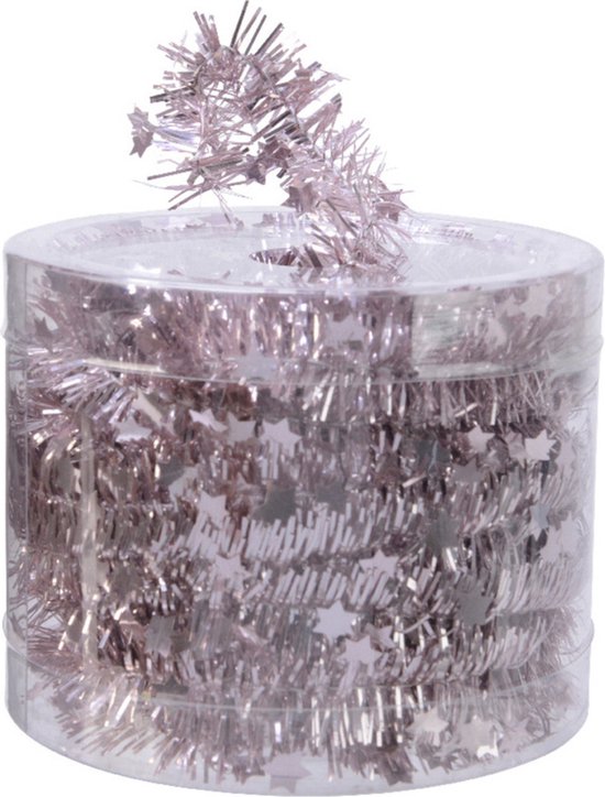 Decoris kerstslinger - met sterren - lichtroze - lametta - 700 cm