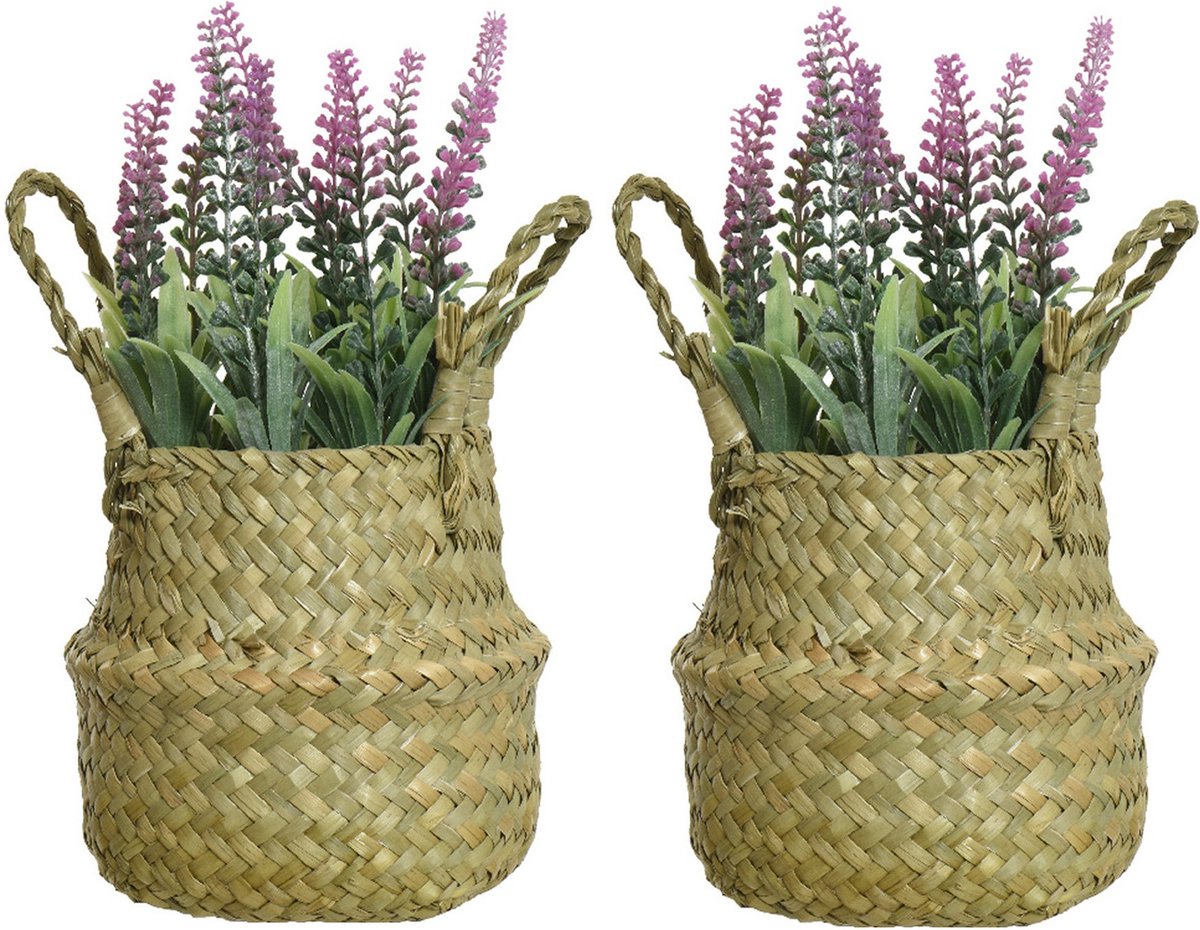 Everlands Lavendel kunstplant in rieten mand - 2x - lichtroze - D16 x H27 cm