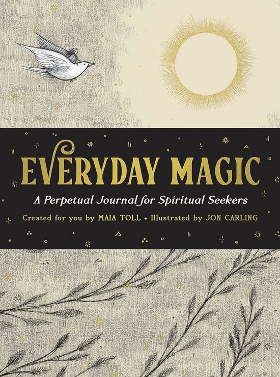 Boekomslag 'EVERYDAY MAGIC: A Perpetual Journal for Spiritual Seekers'. Illustratie van een vogel en een zon.