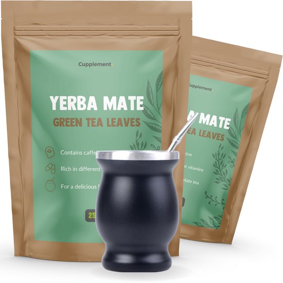 Cupplement - Yerba Mate Starterspakket - 5 Delige Set - 2 Zakken Yerba Mate Thee, Kalebas, Bombilla & Schoonmaak Stokje - Beker, Cup - Zuid Amerikaans - Traditioneel - Ongerookt