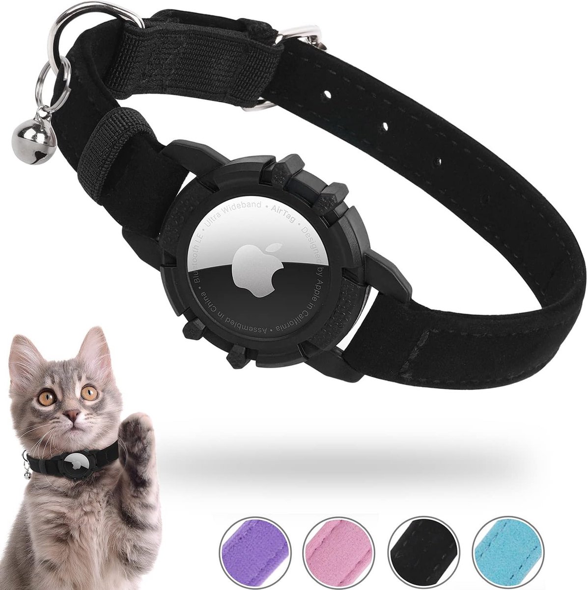 Collier pour chat Airtag en velours, colliers pour chat Air Tag intégrés,  collier GPS