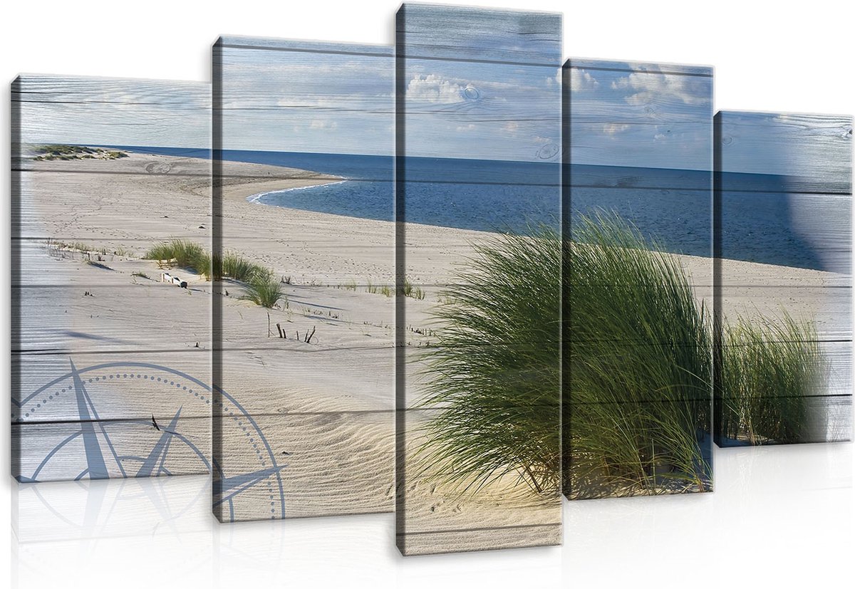 Canvas Schilderij - Duinen - Strand - Hout - Gras - Zee - Oceaan - Water - Wolken - Inclusief Frame - 100x60cm (lxb) - 5 Luiks Wit
