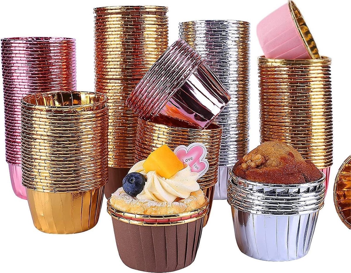 GiftPot Muffin vormpjes, 200 stuks bakvormen van aluminiumfolie, cupcake-vormpjes van aluminiumfolie voor bruiloft, verjaardag, feest, 4 kleuren (goud)