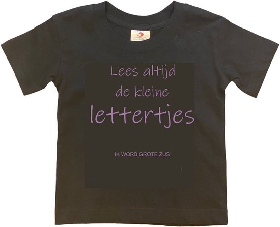 Shirt Aankondiging zwangerschap "Lees altijd de kleine lettertjes (ik word grote zus)" | korte mouw | Zwart/lila | maat 86/92 zwangerschap aankondiging bekendmaking Baby big bro Sis Sister