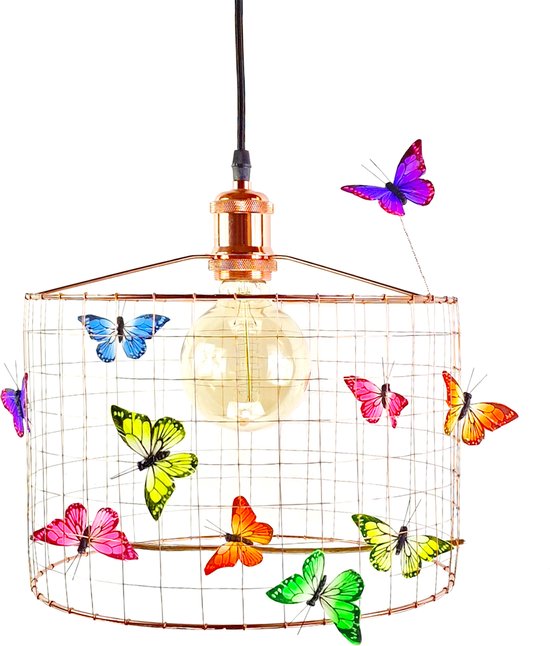 Hanglamp Kinderkamer met Vlinders-KOPER-Neon-Kinder hanglampen-Hanglamp kinderkamer koperkleurig-lamp met vlinders-vlinderlamp-Hanglamp koper vlinders neon 30 cm.