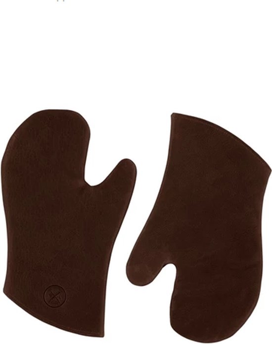 Een set van twee donkerbruine leren ovenwanten, met een cirkelvormig logo op de linkerwant.