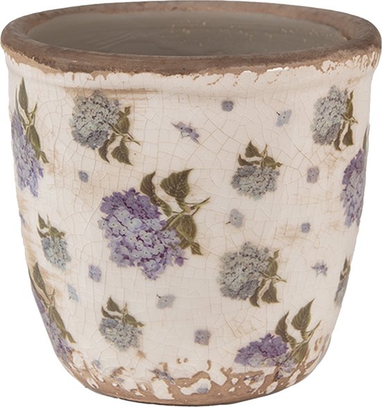 Pot crème à bord écaillé orné de pivoines bleues et violettes.