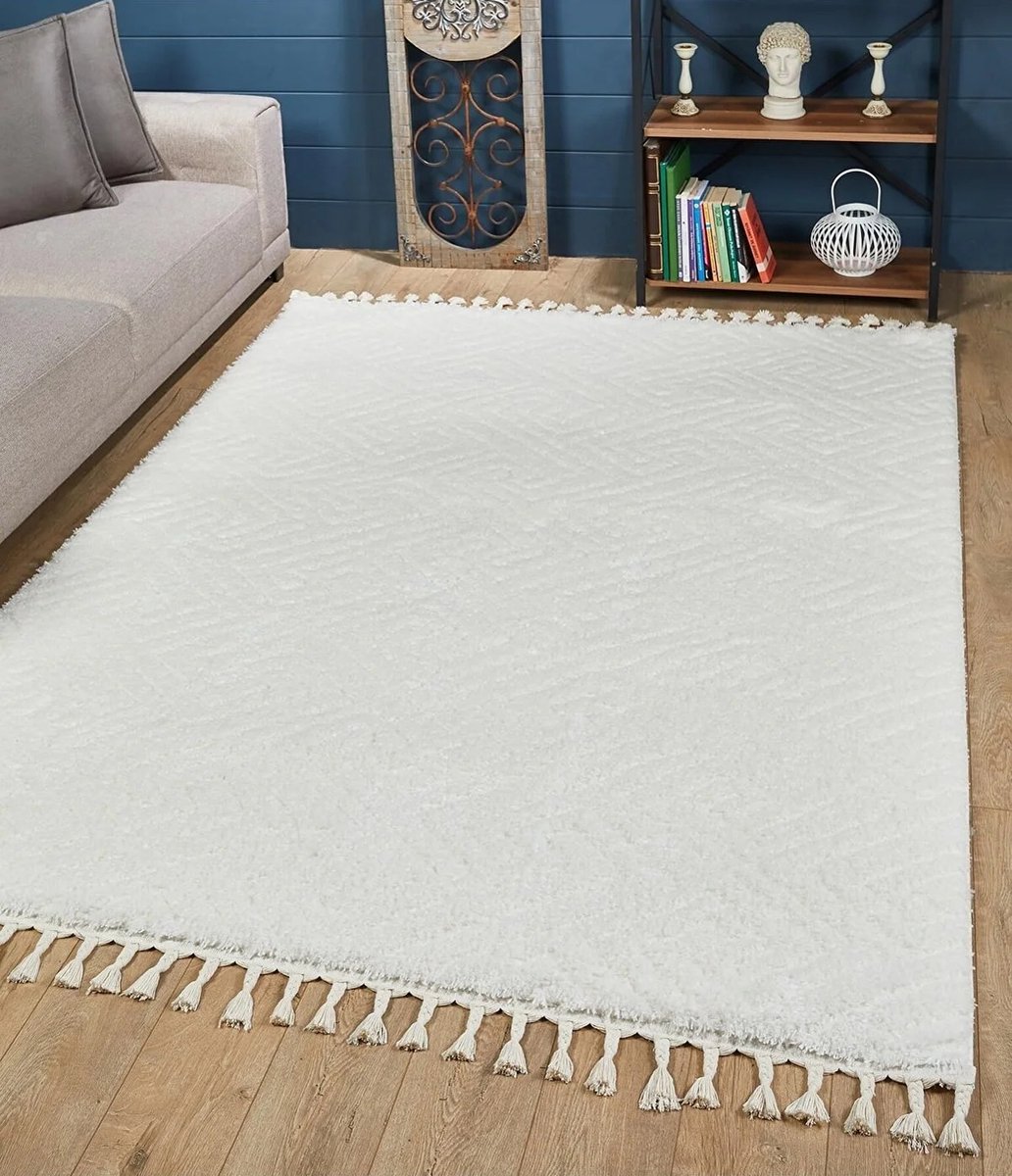 MOEFLON - Creme - 160x220cm, Hoogpolig vloerkleed met franjes