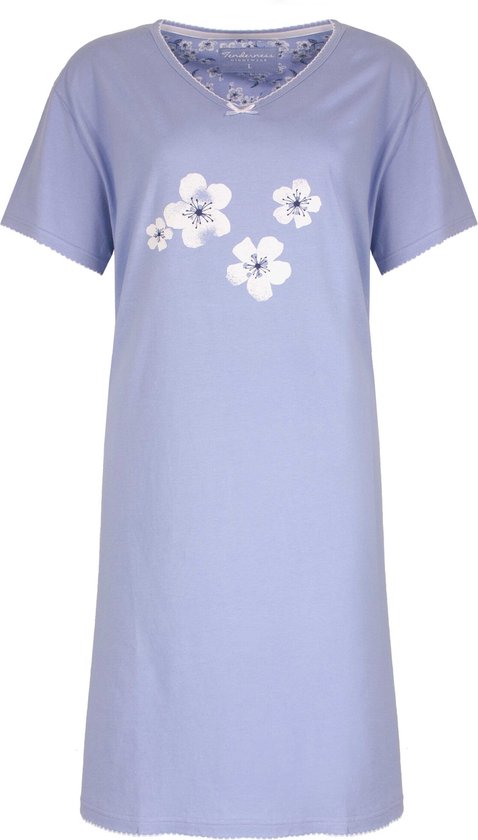 Tenderness Dames Nachthemd Slaapkleedje - Bloemenprint - 100% Gekamde Katoen - Licht Blauw - Maat S
