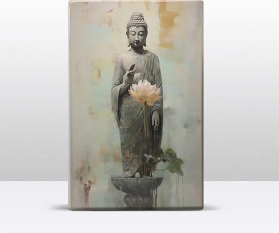 Buddha met bloemen - Mini Laqueprint - 9,6 x 14,7 cm - Niet van echt te onderscheiden handgelakt schilderijtje op hout - Mooier dan een print op canvas. - LWS508