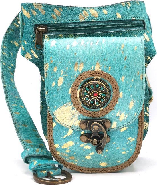 Koeienhuid heuptas met vintage haakje Turquoise-Goud - Ibiza - (B x H x D) ca. 14 cm x 18 cm x 5 cm