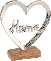 Dekoratief | Deco hart op voet 'HOME', zilver, metaal/hout, 17x5x19cm | A238280