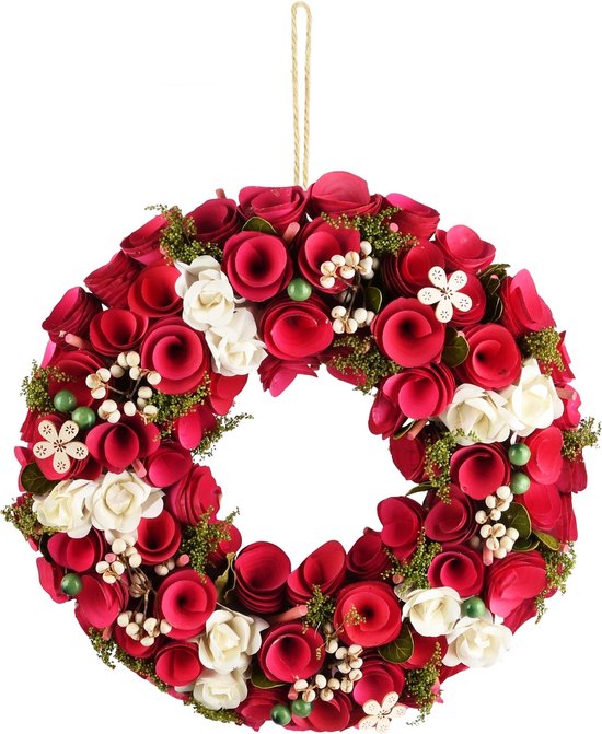 Kerstkrans Kunstmatige Ronde Hortensia Krans met Roze Kleur Bal voor Feest, Bruiloft en Festival Viering Decoraties Muur Decor Welkom kransen voor voordeur het hele jaar r