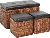 The Living Store Bankstel Zeegras - Bankje 75x38x46cm - Poefs 33x30x36cm - Bruin/Zwart