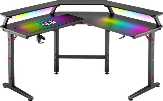 For The Win - L Vormig Game Bureau - 130 x 130 cm - met LED Verlichting - Hoekbureau - Gaming Desk - Incl. RGB Gaming Muismat XXL - Tafel