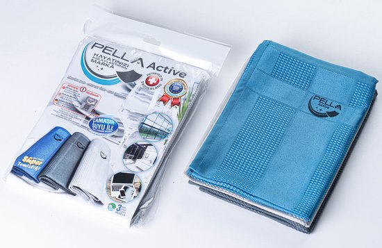 PELLA ACTIVE- blauw- schoonmaakdoeken-microvezel doek-chloorbestendig-streeploos-pella doek-autodoek-wonderdoek-raamdoek-chloorproof-poetsmiddelen