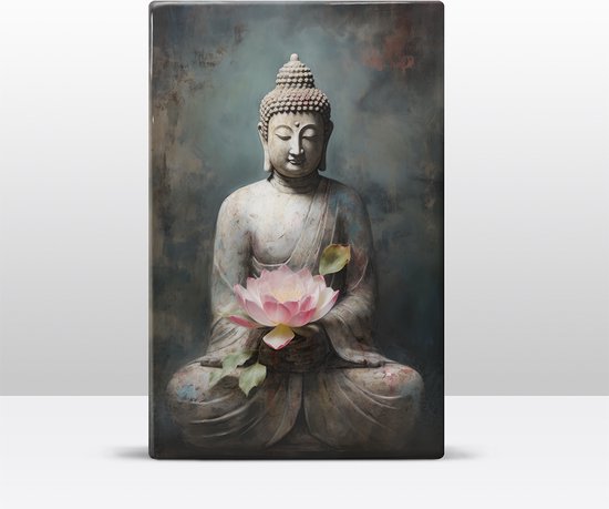 Buddha met bloemen - Mini Laqueprint - 9,6 x 14,7 cm - Niet van echt te onderscheiden handgelakt schilderijtje op hout - Mooier dan een print op canvas. - LWS529