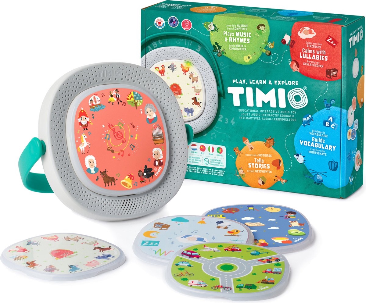 TIMIO Player + 5 Disks - Starter Kit | Interactieve Educatieve Audio-Speler | Speelt Kinderliedjes, Verhaaltjes & Sprookjes | Leert Letters, Getallen, Kleuren, Dieren & Woordjes | Met Geluid & Quizvragen | Incl. 8 Talen NL/FR | Leerspel van 2-6 Jaar - TIMIO