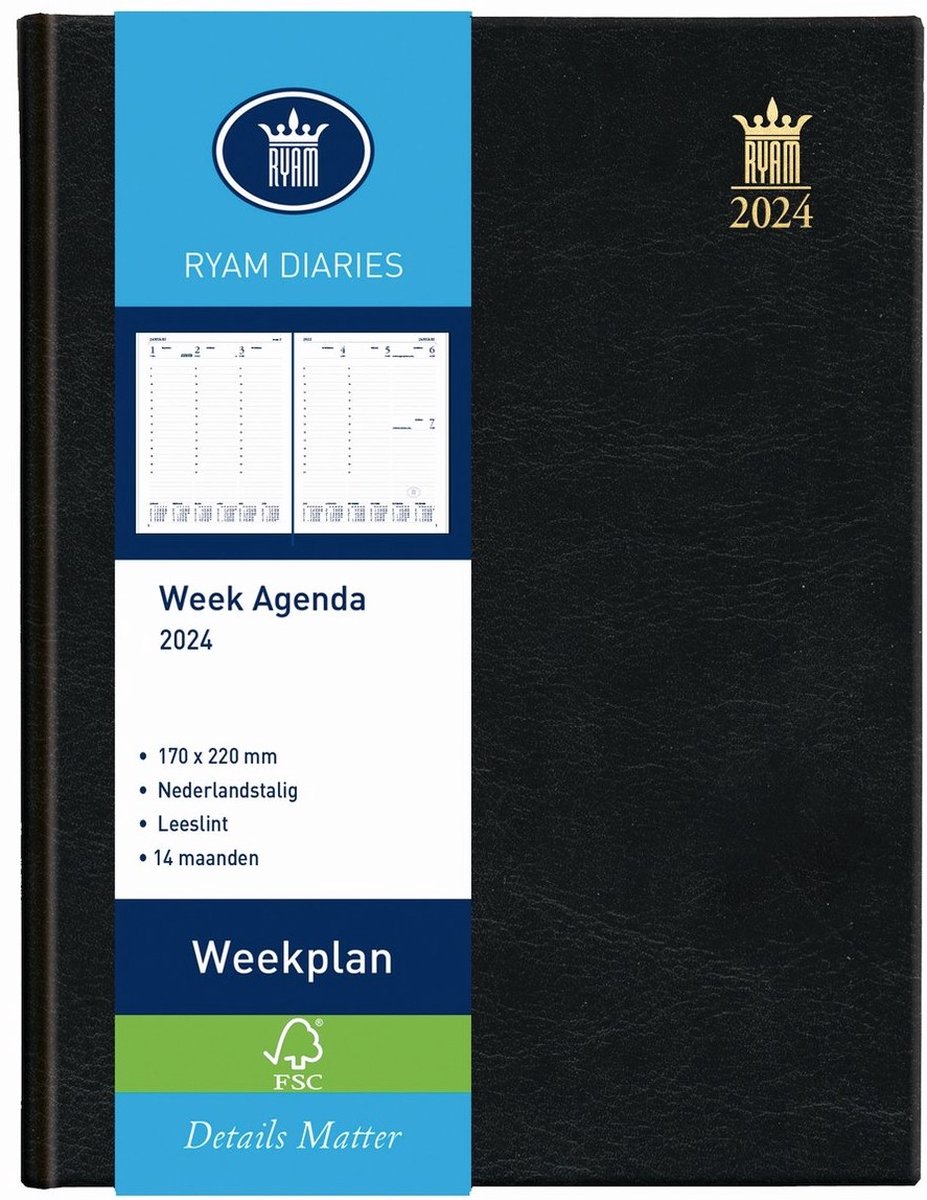 Ryam - Bureau agenda 2024 - Zwart - Weekoverzicht - Hardcover - A5 (17 x 22cm)