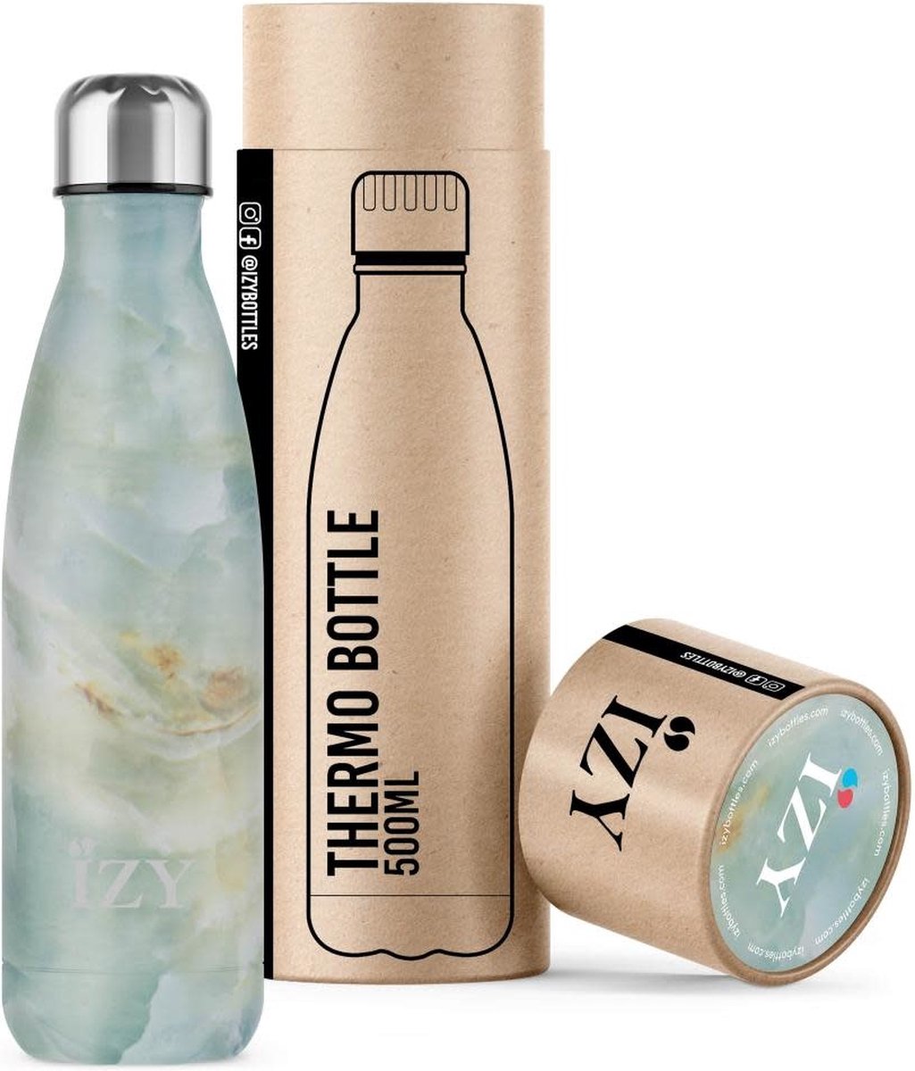 IZY Drinkfles - Marmer - Groen - Inclusief donatie - Waterfles - Thermosbeker - RVS - 12 uur lang warm - 500 ml