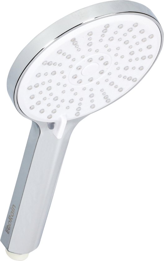 Chromen EcoRain handdouche met witte sproeierplaat.