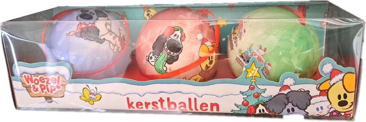 6 Kerstballen Woezel en Pip - vrolijke gekleurde kerstballen kunststof - kerstversiering