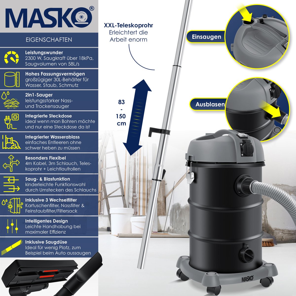 MASKO® Alleszuiger 6IN1 Nat- en Droogzuiger 2300W + stopcontact, Blaasfunctie, Droog- & natzuigen | Industriële stofzuiger vuilreservoir 30L Bouwstofzuiger - Grijs – foto 7