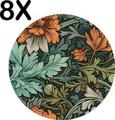 BWK Luxe Ronde Placemat - Getekende Bloemen en Planten - Set van 8 Placemats - 50x50 cm - 2 mm dik Vinyl - Anti Slip - Afneembaar
