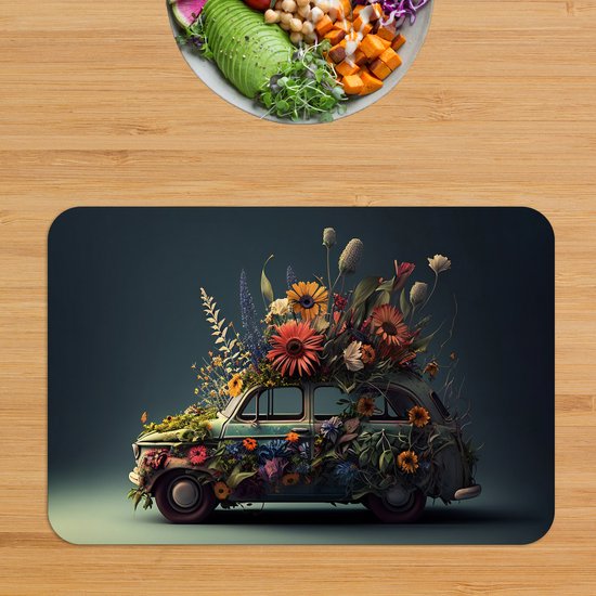 Flexibele Placemat - Kustige Bloemen Auto - Set van 2 Placemats - 45x30 cm - PVC Doek - Afneembaar