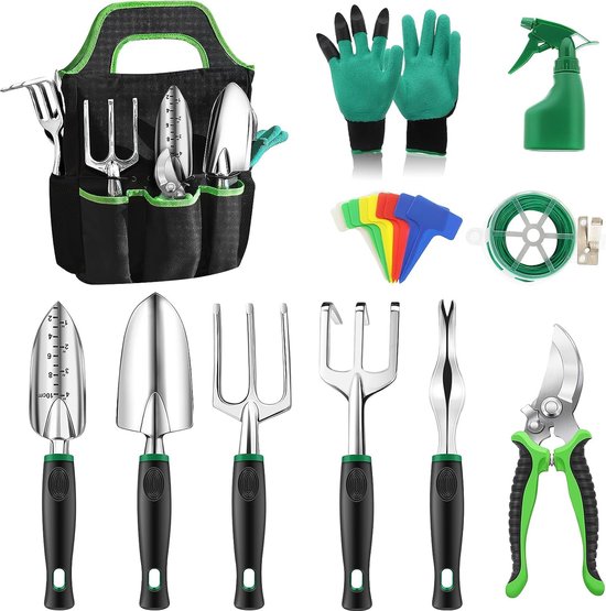 Tuingereedschapsset tuingereedschap 32-delige set met draagbare roestvrijstalen gereedschappen, scharen en handschoenen, tuintas en tuinsproeier voor planten in de tuin