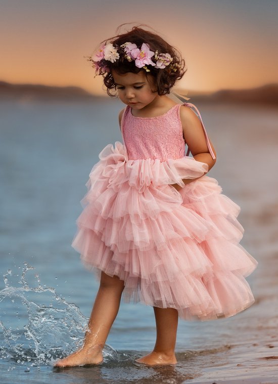 Feestjurk Els, meisje, dusty pink, ibiza jurk, tule jurk, kant met tule, meisjesjurk (maat 134/140)